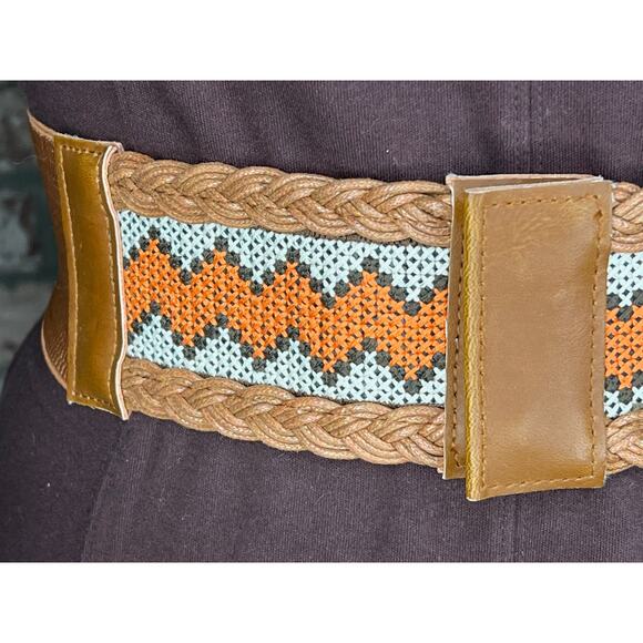 elastic belt boho embroidered braided orange brown white - Picture 2 of 7